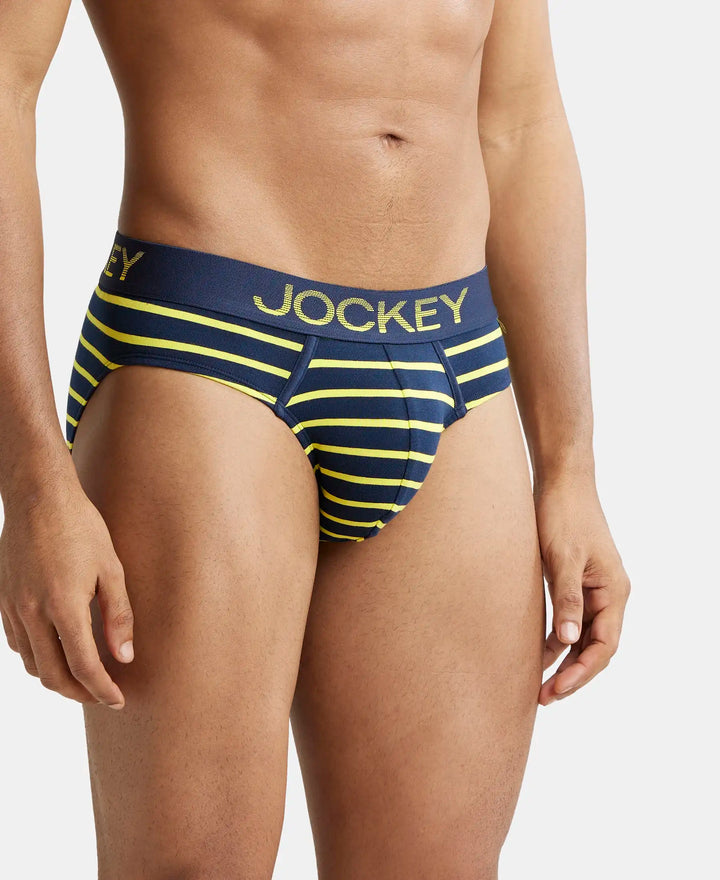 Super Combed Cotton Elastane Stripe Brief with Ultrasoft Waistband - Navy Blue & Empire Yellow Striped-2