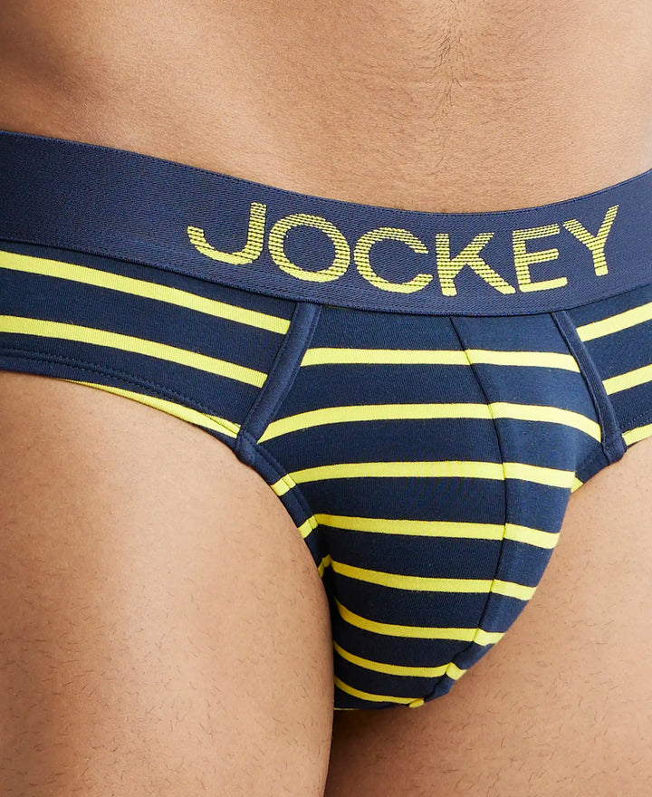 Super Combed Cotton Elastane Stripe Brief with Ultrasoft Waistband - Navy Blue & Empire Yellow Striped-6