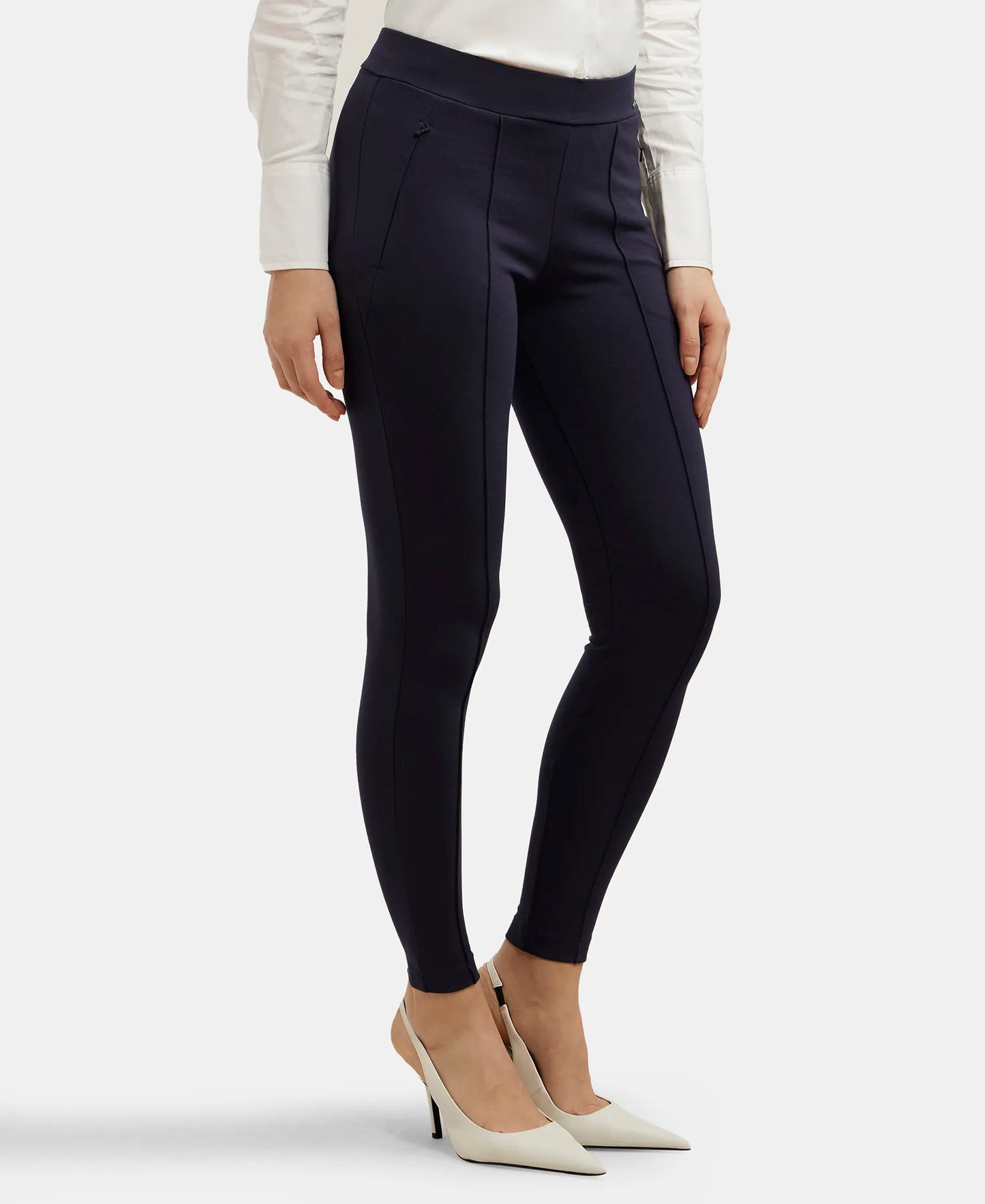 Rayon Nylon Elastane Treggings with Side Zipper Pockets - Navy Blazer-2