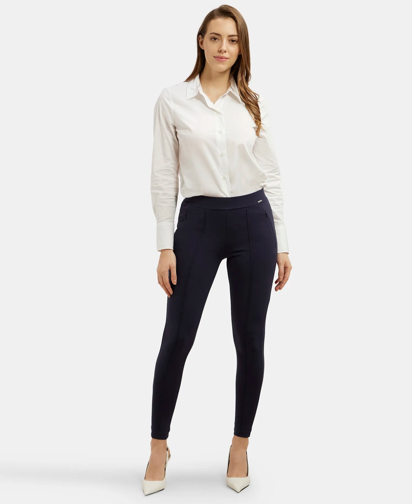 Rayon Nylon Elastane Treggings with Side Zipper Pockets - Navy Blazer-4