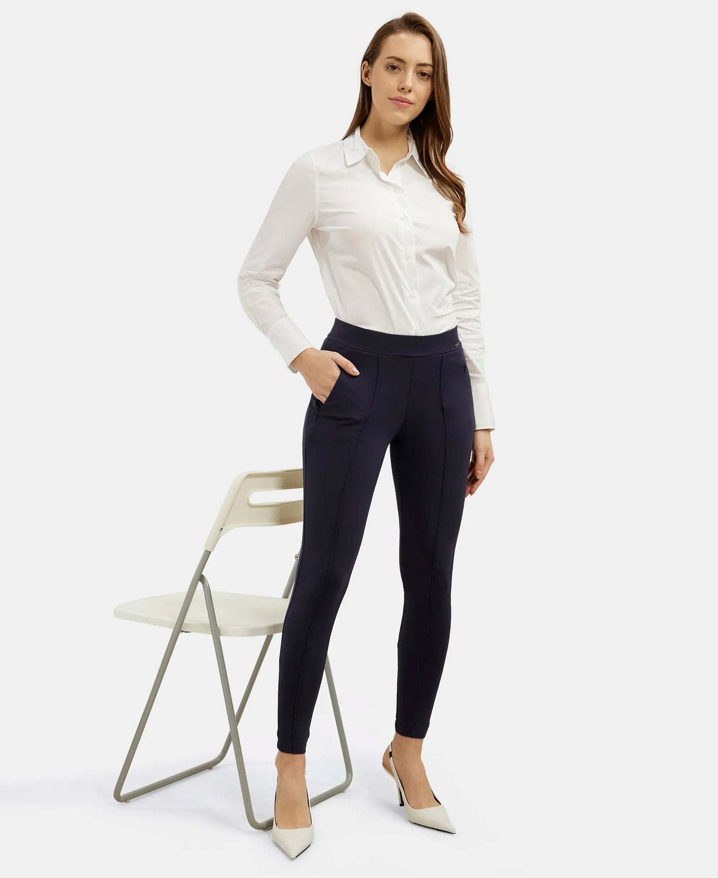 Rayon Nylon Elastane Treggings with Side Zipper Pockets - Navy Blazer-6