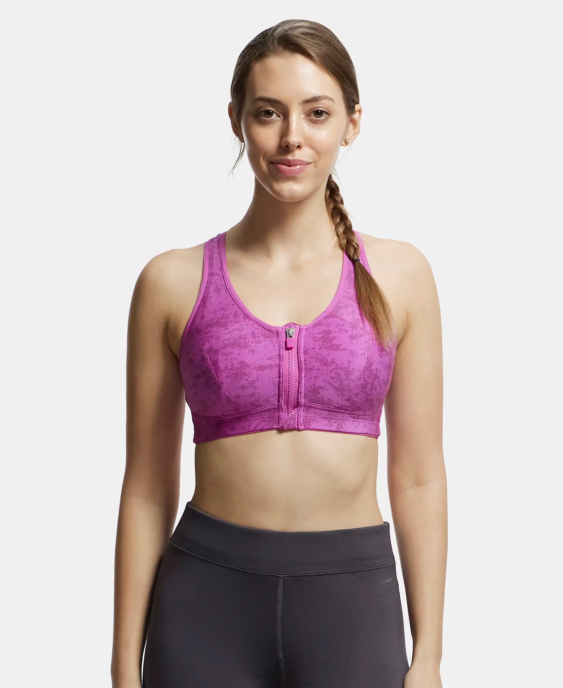 Buy Wirefree Padded Microfiber Elastane Stretch Full Coverage Racerback Sports Bra with Front Zipper Styling Lavender Scent Assorted Prints MI02