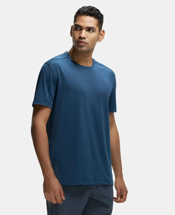 Recycled Microfiber Elastane Stretch Fabric Round Neck Half Sleeve Breathable Mesh T-Shirt - Mid Night Navy-2