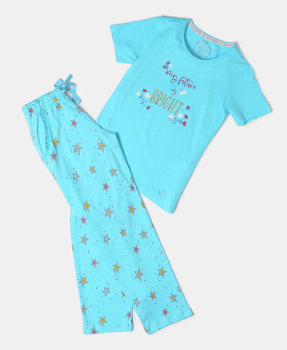 Super Combed Cotton Printed Pyjama - Blue Curacao Printed-4