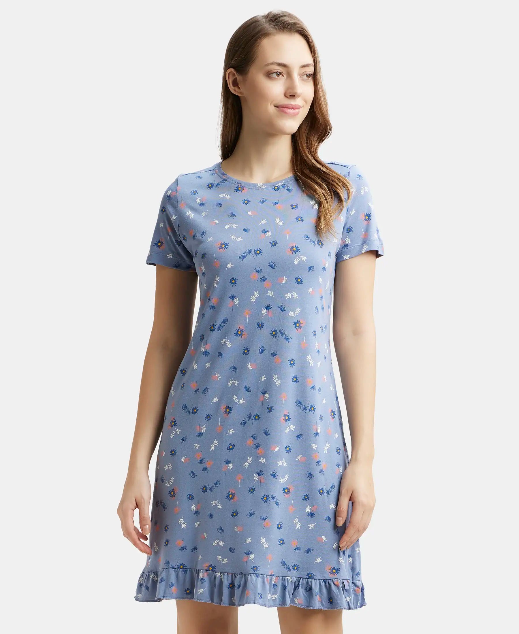Buy Micro Modal Cotton Ruffled Hem Styled Half Sleeve Printed