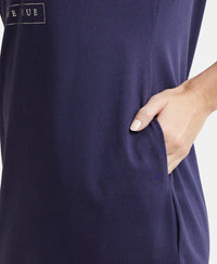 Super Combed Cotton Curved Hem Styled Half Sleeve Printed Sleep Dress with Side Pockets - Classic Navy-7