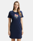 Super Combed Cotton Curved Hem Styled Half Sleeve Printed Sleep Dress with Side Pockets - Navy Blazer-1