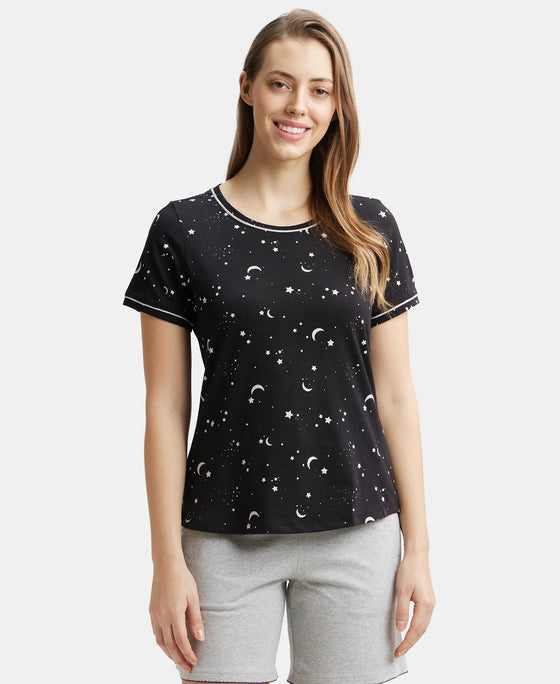 Super Combed Cotton Relaxed Fit Printed Round Neck Half Sleeve T-Shirt with Contrast Piping Design - Black-1