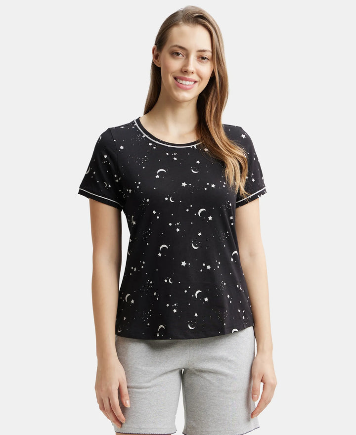 Super Combed Cotton Relaxed Fit Printed Round Neck Half Sleeve T-Shirt with Contrast Piping Design - Black-1