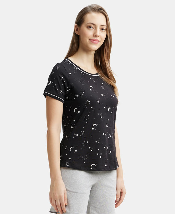 Super Combed Cotton Relaxed Fit Printed Round Neck Half Sleeve T-Shirt with Contrast Piping Design - Black-2