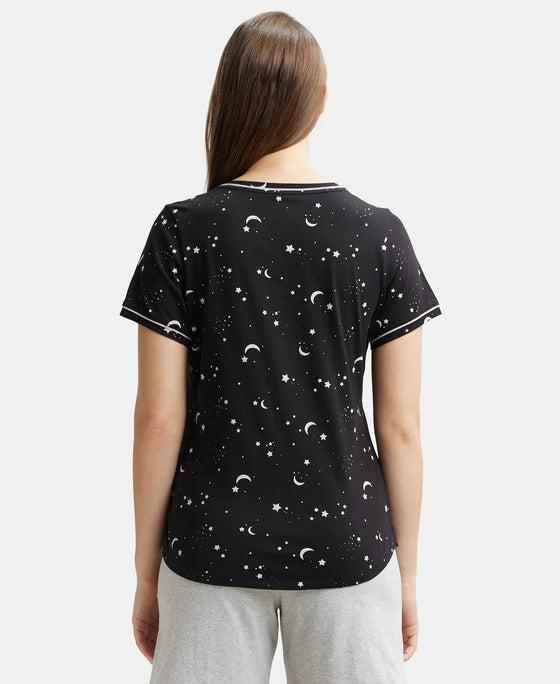 Super Combed Cotton Relaxed Fit Printed Round Neck Half Sleeve T-Shirt with Contrast Piping Design - Black-3