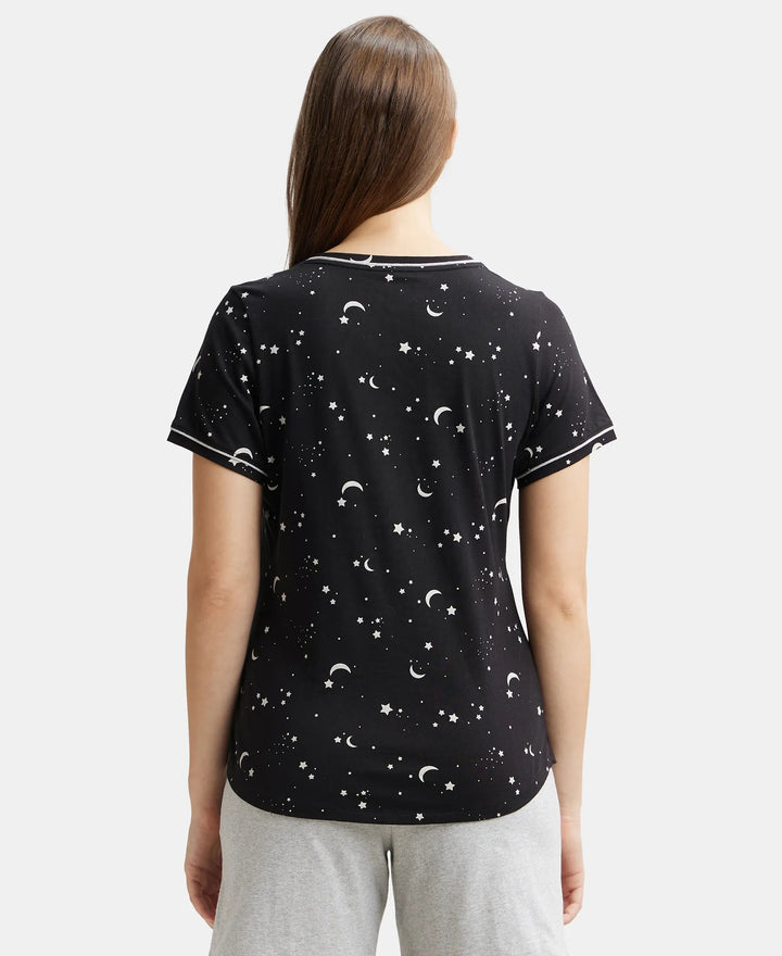 Super Combed Cotton Relaxed Fit Printed Round Neck Half Sleeve T-Shirt with Contrast Piping Design - Black-3