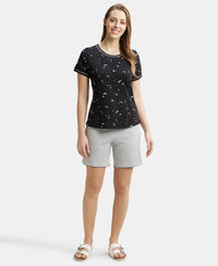 Super Combed Cotton Relaxed Fit Printed Round Neck Half Sleeve T-Shirt with Contrast Piping Design - Black-4