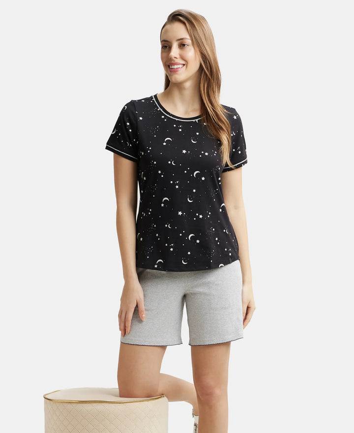 Super Combed Cotton Relaxed Fit Printed Round Neck Half Sleeve T-Shirt with Contrast Piping Design - Black-6