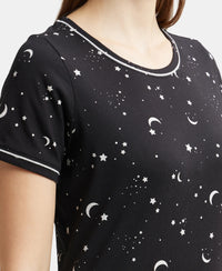 Super Combed Cotton Relaxed Fit Printed Round Neck Half Sleeve T-Shirt with Contrast Piping Design - Black-7