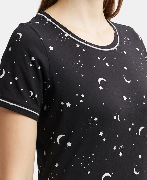 Super Combed Cotton Relaxed Fit Printed Round Neck Half Sleeve T-Shirt with Contrast Piping Design - Black-7