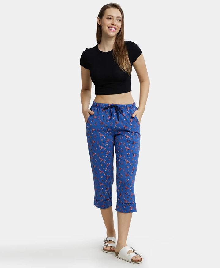 Super Combed Cotton Printed Elastane Slim Fit Capri with Ultrasoft Waistband - Blue Quartz-4