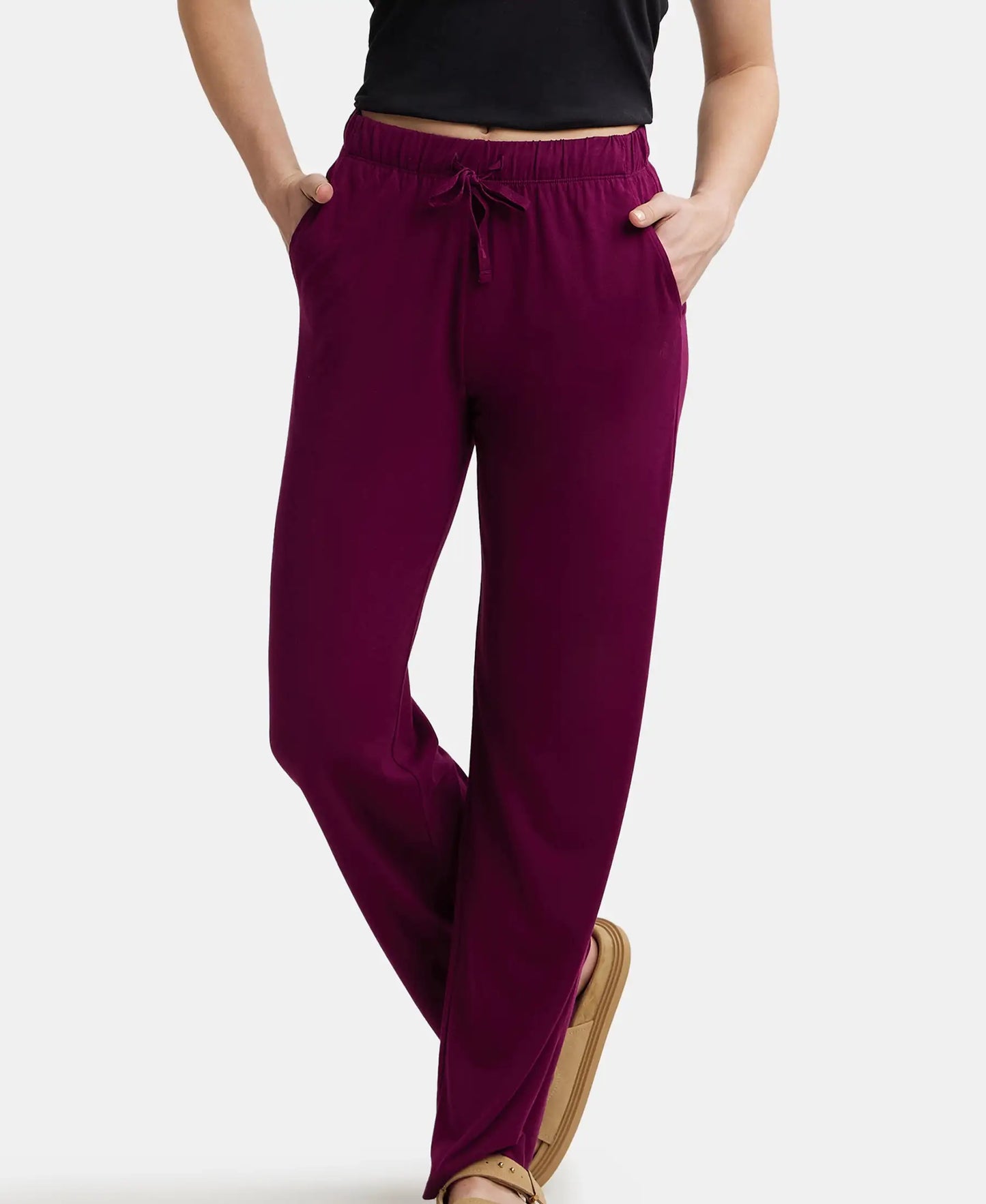 Micro Modal Cotton Relaxed Fit Printed Pyjama with Front Off-Seam Pockets - Purple Wine-5