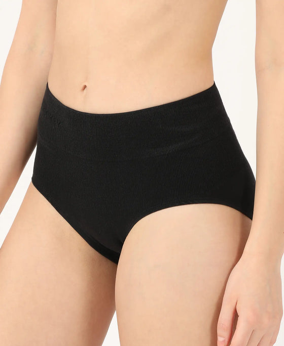 Mid Waist Cotton Rich Elastane Stretch Seamfree Bikini Shapewear - Black-2