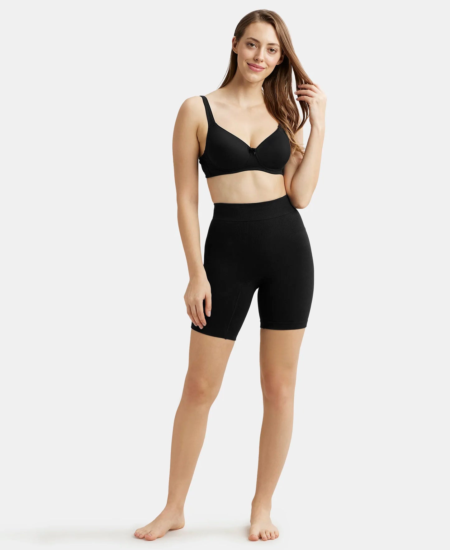 Mid Waist Cotton Rich Elastane Stretch Seamfree Shorts Shapewear with Breathable Inner Thigh Panel - Black-4