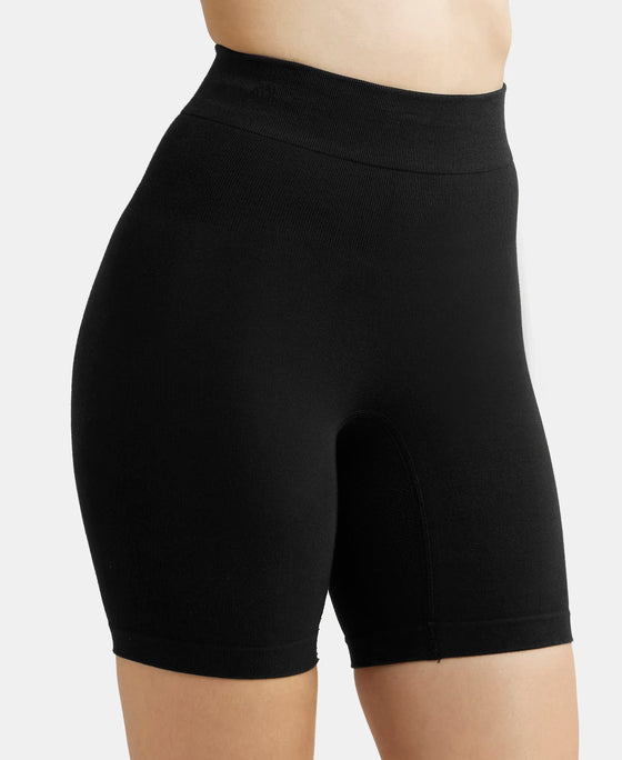 Mid Waist Cotton Rich Elastane Stretch Seamfree Shorts Shapewear with Breathable Inner Thigh Panel - Black-7