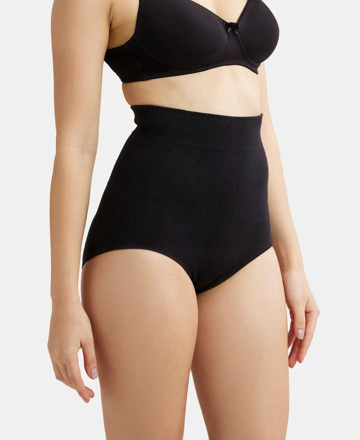 High Waist Cotton Rich Elastane Stretch Seamfree Bikini Shapewear - Black-2