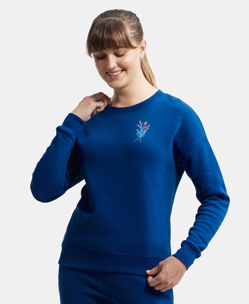 Super Combed Cotton Rich Fleece Fabric Printed Sweatshirt with Drop Shoulder Styling - Navy Peony-5
