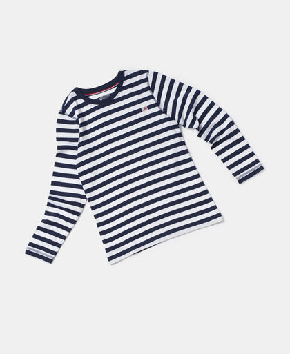 Super Combed Cotton Rich Striped Full Sleeve T-Shirt - Ink Blue Melange & White-5