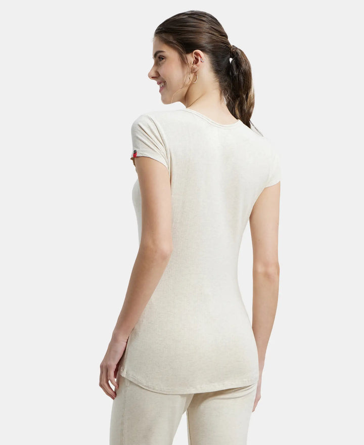 Super Combed Cotton Elastane Stretch Slim Fit Solid V Neck Henley Styled Half Sleeve T-Shirt - Cream Melange-3