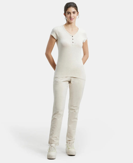 Super Combed Cotton Elastane Stretch Slim Fit Solid V Neck Henley Styled Half Sleeve T-Shirt - Cream Melange-4