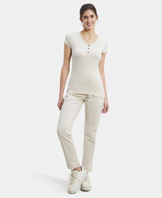 Super Combed Cotton Elastane Stretch Slim Fit Solid V Neck Henley Styled Half Sleeve T-Shirt - Cream Melange-6