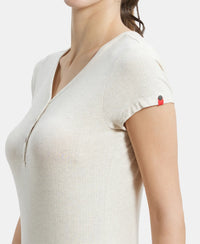 Super Combed Cotton Elastane Stretch Slim Fit Solid V Neck Henley Styled Half Sleeve T-Shirt - Cream Melange-7