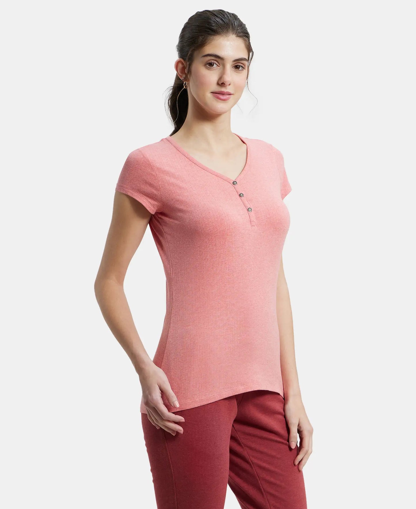 Super Combed Cotton Elastane Stretch Slim Fit Solid V Neck Henley Styled Half Sleeve T-Shirt - Passion Red Melange-2