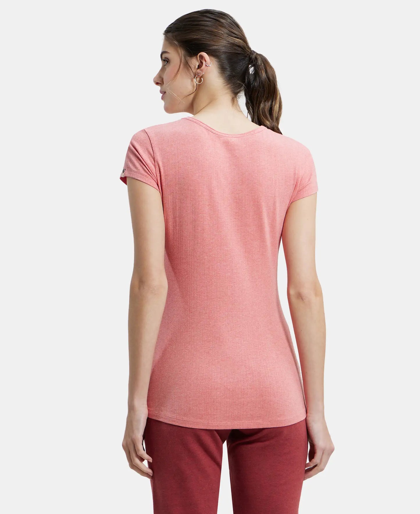 Super Combed Cotton Elastane Stretch Slim Fit Solid V Neck Henley Styled Half Sleeve T-Shirt - Passion Red Melange-3