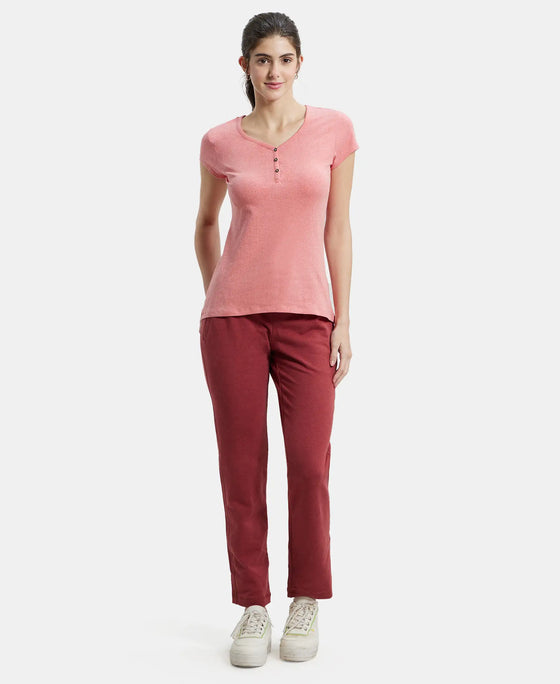 Super Combed Cotton Elastane Stretch Slim Fit Solid V Neck Henley Styled Half Sleeve T-Shirt - Passion Red Melange-4