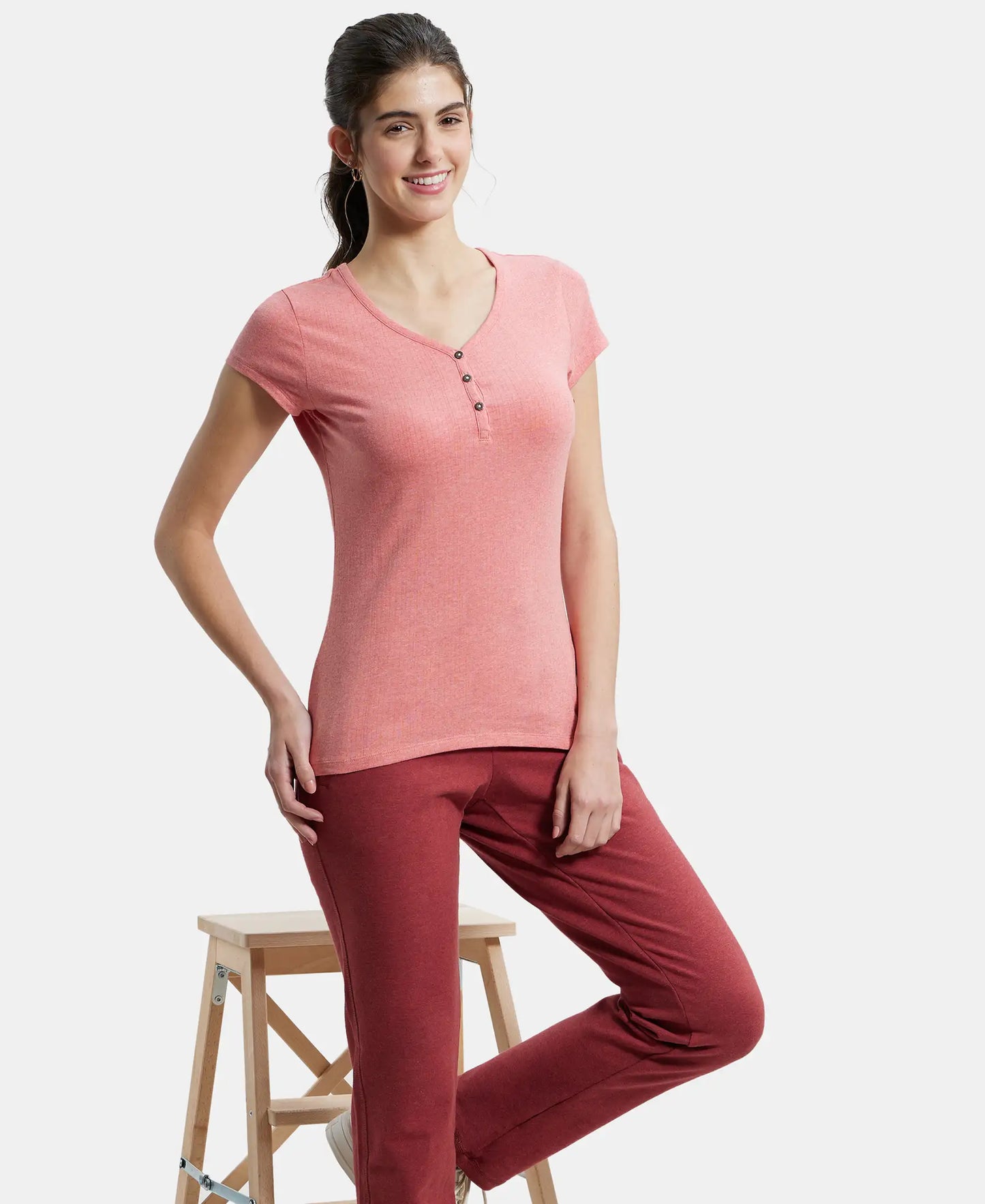 Super Combed Cotton Elastane Stretch Slim Fit Solid V Neck Henley Styled Half Sleeve T-Shirt - Passion Red Melange-5