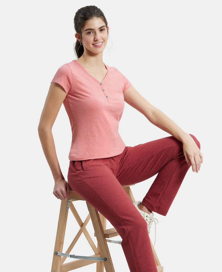Super Combed Cotton Elastane Stretch Slim Fit Solid V Neck Henley Styled Half Sleeve T-Shirt - Passion Red Melange-6