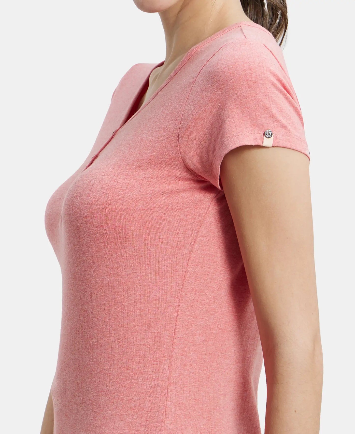 Super Combed Cotton Elastane Stretch Slim Fit Solid V Neck Henley Styled Half Sleeve T-Shirt - Passion Red Melange-7