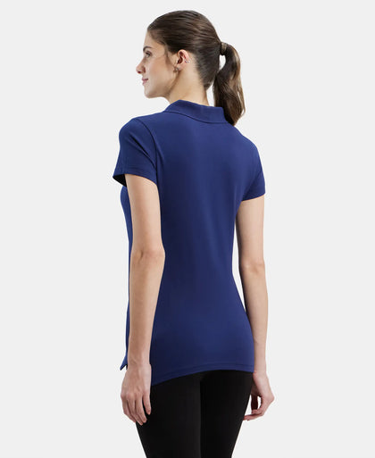 Super Combed Cotton Elastane Stretch Pique Fabric Regular Fit Printed Half Sleeve Polo T-Shirt - Imperial Blue-3