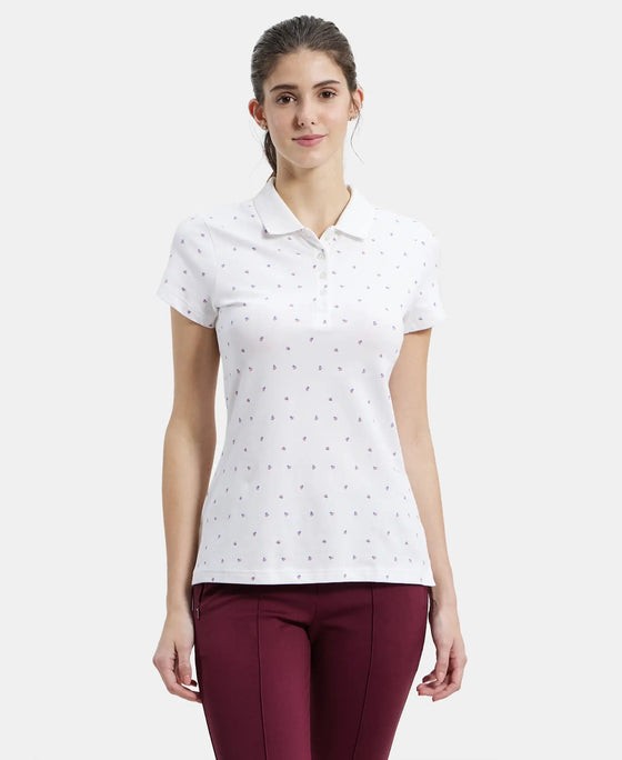 Super Combed Cotton Elastane Stretch Pique Fabric Regular Fit Printed Half Sleeve Polo T-Shirt - White Assorted Prints-1