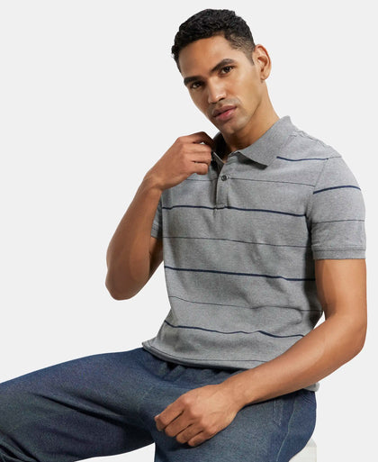 Super Combed Cotton Rich Striped Half Sleeve Polo T-Shirt - Mid grey melange & Night Sky ground-5