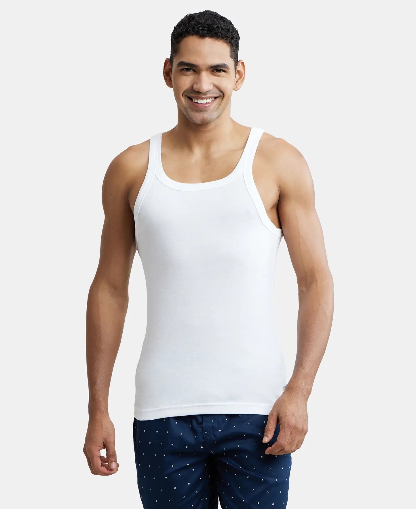 Super Combed Cotton Rib Square Neck Gym Vest - White-2