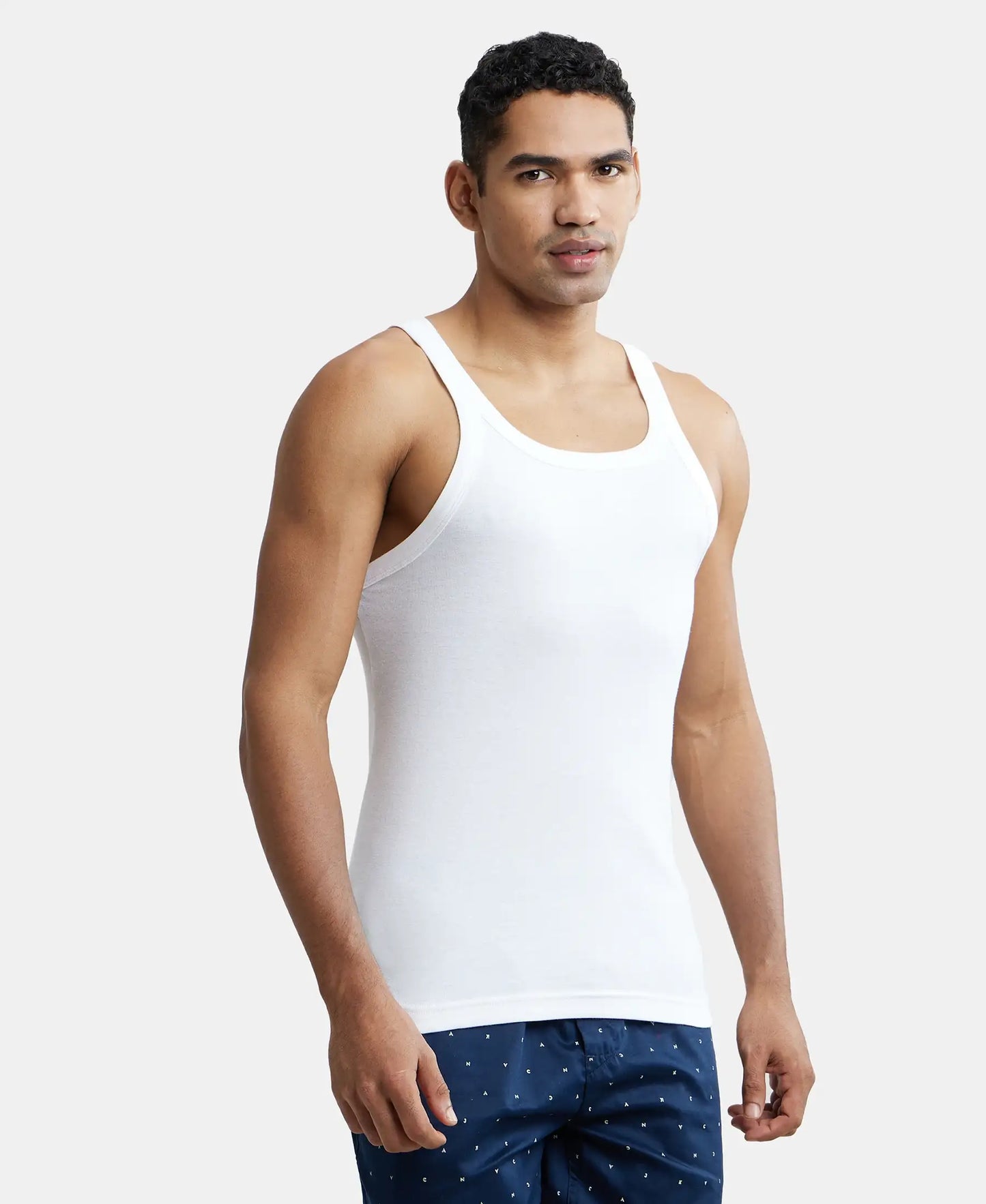 Super Combed Cotton Rib Square Neck Gym Vest - White-3