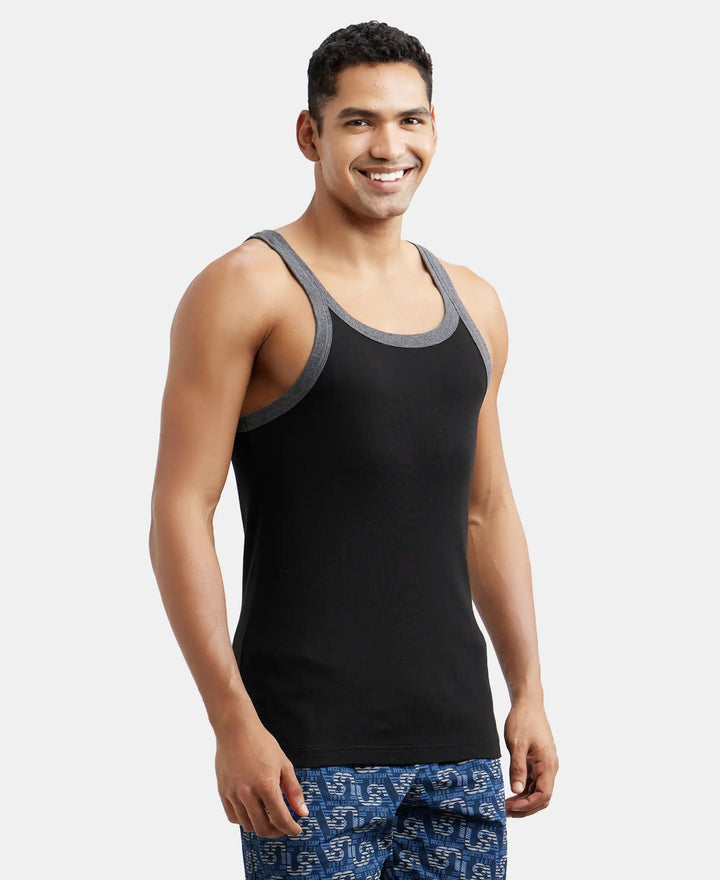 Super Combed Cotton Rib Square Neck Gym Vest - Black & Charcoal Melange-2