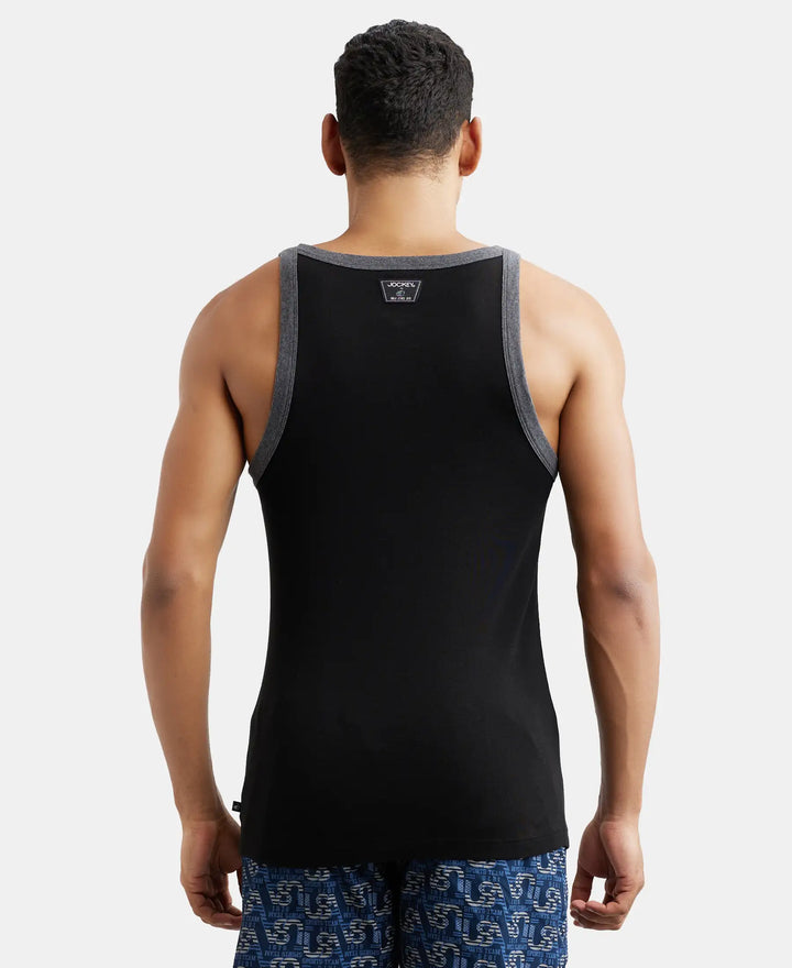 Super Combed Cotton Rib Square Neck Gym Vest - Black & Charcoal Melange-3