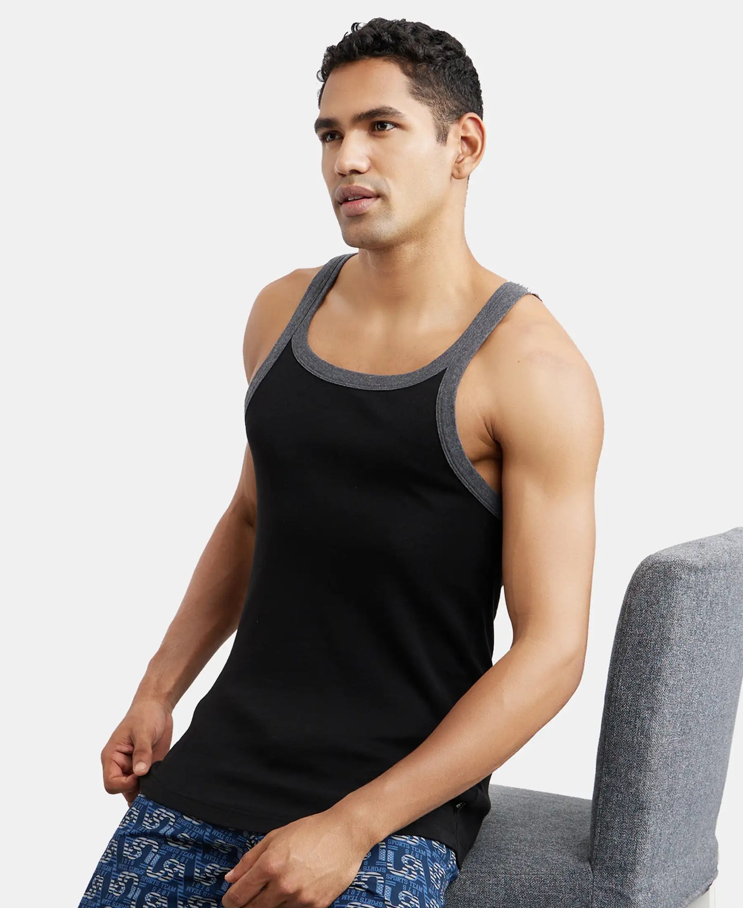 Super Combed Cotton Rib Square Neck Gym Vest - Black & Charcoal Melange-5