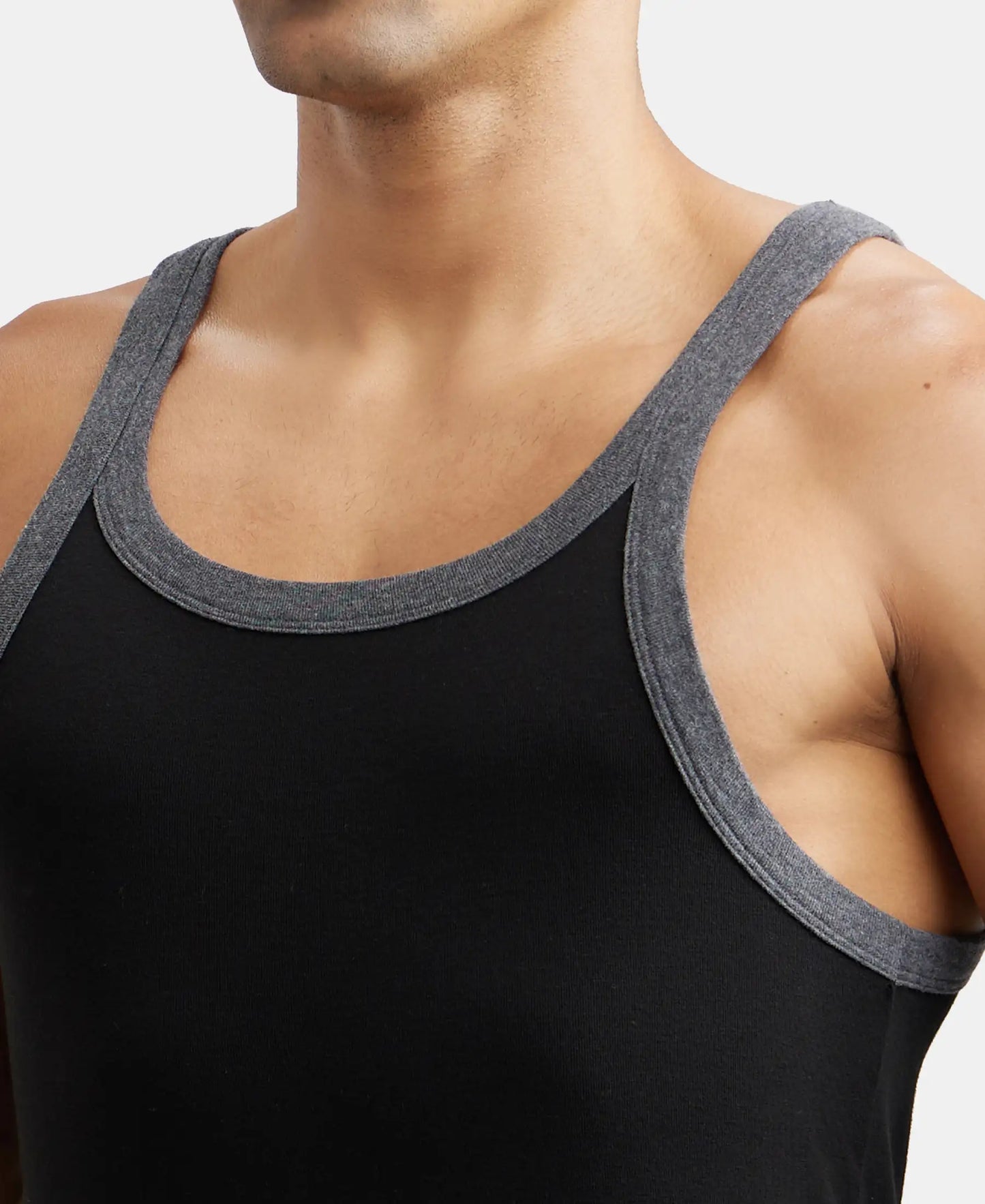 Super Combed Cotton Rib Square Neck Gym Vest - Black & Charcoal Melange-6