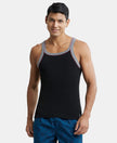 Super Combed Cotton Rib Square Neck Gym Vest with Graphic Print - Black & Grey Melange-1