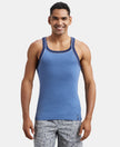 Super Combed Cotton Rib Square Neck Gym Vest with Graphic Print - Light Denim Melange-1