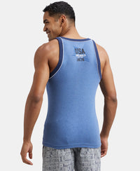 Super Combed Cotton Rib Square Neck Gym Vest with Graphic Print - Light Denim Melange-3